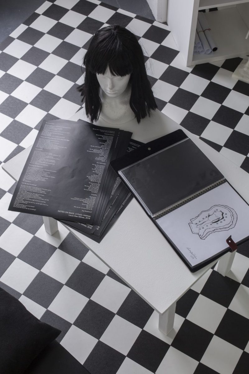 Laura Dee Milnes, The Making of Her (detail featuring NOTES ON RAGE Poster and portfolio of original illustrations), 2018. Photo: Oskar Proctor.